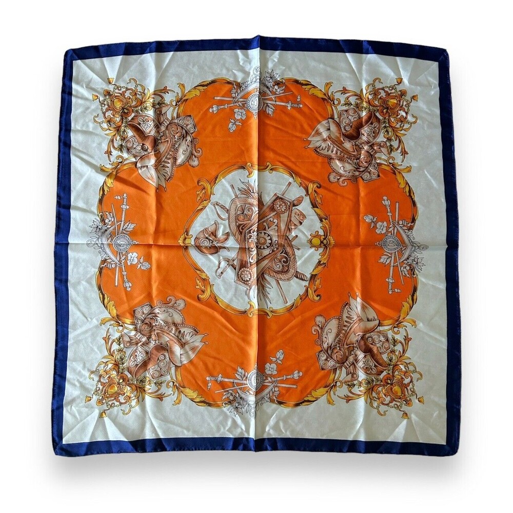 Navy Blue Edges Orange Square Scarf 27” X 27” Women Scarve Unisex